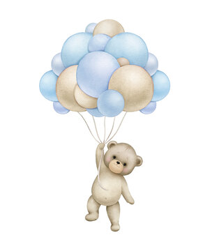 Naklejki Teddy bear with blue balloons..Watercolor hand painted illustrations for baby boy shower isolated on white background ...