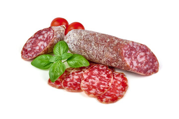 Cured salami sausage, Italian sausage with mold, isolated on white background.