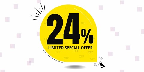 24% off limited special offer. Banner with twenty four percent discount on a yellow round tag