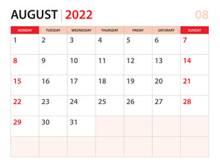 August 2022 template, Calendar planner 2022, week start on Monday,  Desk calendar 2022 year, simple and clean design, Wall calendar design, Corporate design planner template, red background