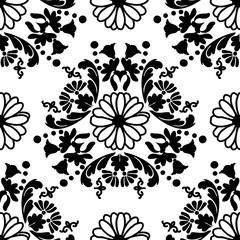 Fashioned floral pattern. Vintage black ornament with flowers. Vector floral pattern for fabric, ceramic tile or wrapping paper design.