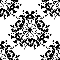 Black and white floral pattern. Vintage seamless wallpaper with a symmetrical pattern. Vector illustration.