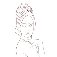 Female with turban head towel outline portrait with hand on shoulder looking aside. White background