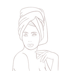 Young woman wearing turban linear flat portrait showing neck, shoulders, hand on white background