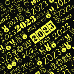 2023. seamless pattern with number 2023 and rabbit. dark background with gold elements in a minimalist style. new Year's design. background for postcards, web banners, calendars, business cards.Vector