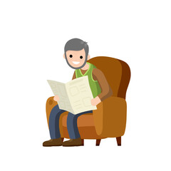 Old man sits in a brown chair and read