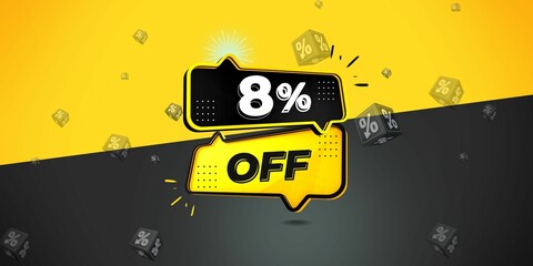 8% off limited special offer. Banner with eight percent discount on a  black and yellow background with yellow square and black. Illustration 3d