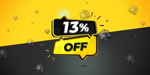 13% off limited special offer. Banner with thirteen percent discount on a  black and yellow background with yellow square and black. Illustration 3d