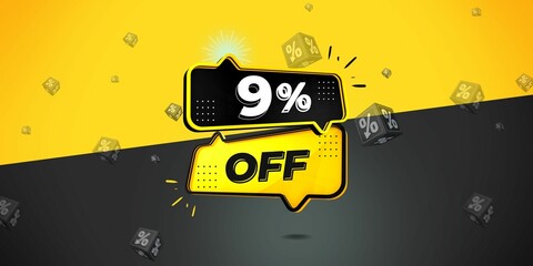 9% off limited special offer. Banner with nine percent discount on a  black and yellow background with yellow square and black. Illustration 3d