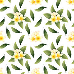 Seamless pattern with plumeria flowers on a light background. Floral tropical texture for clothes, fabric, wallpaper, paper, etc - obrazy, fototapety, plakaty