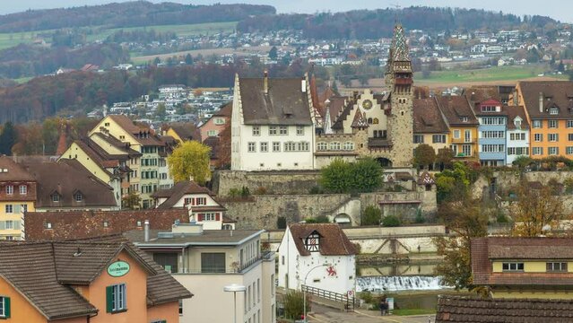 Time lapse, view on medieval european town. World heritage. Bremgarten, Canton Aargau