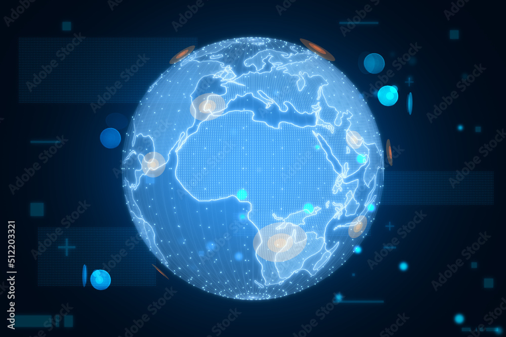 Poster hologram of globe. a holographic projection of planet earth. flickering energy particles on blurry a
