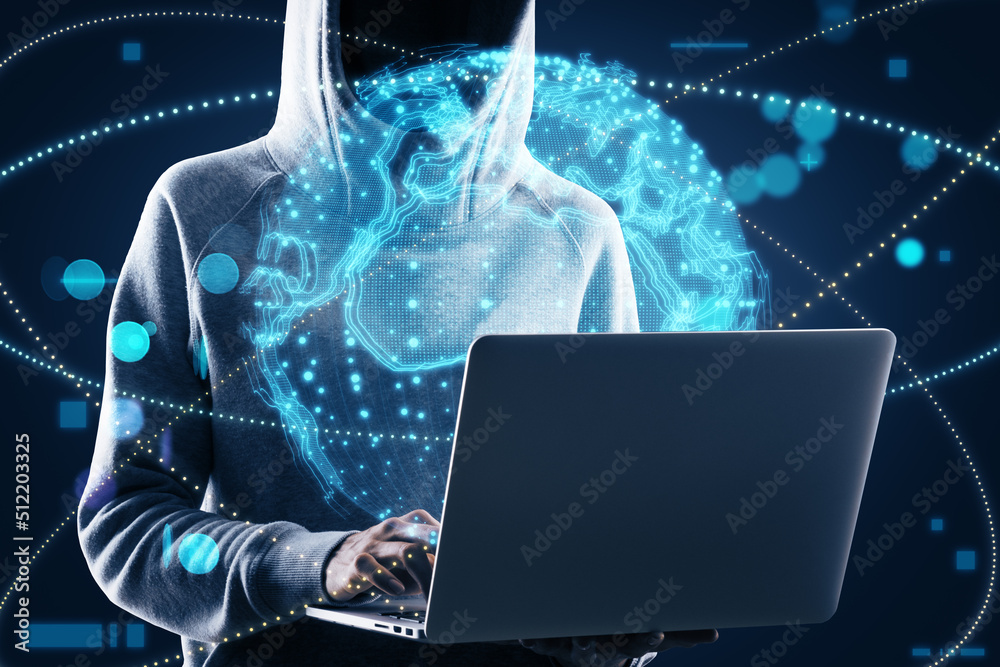 Aufkleber hacker hand using laptop with bright globe hologram. a holographic projection of planet earth. flick