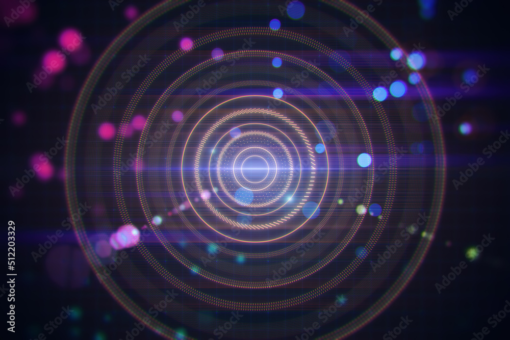 Poster Abstract blurry dark lens or round interface texture with grid and blurry bokeh circles. Space, sci fi and flare concept. 3D Rendering.