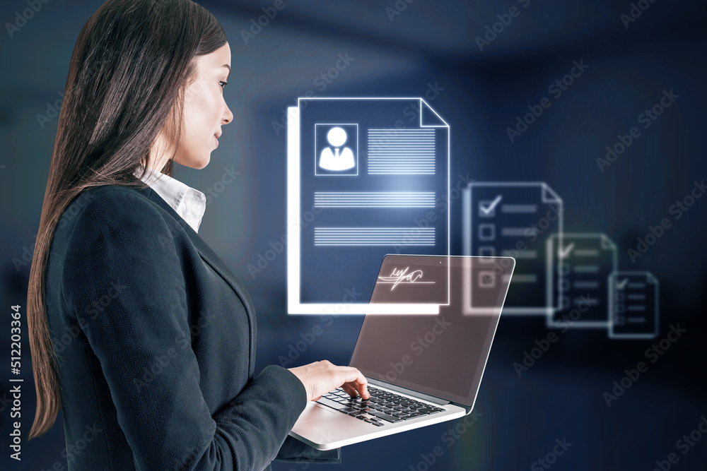 Poster online recruiting and hiring employee concept with woman in suit side view using laptop and hologram
