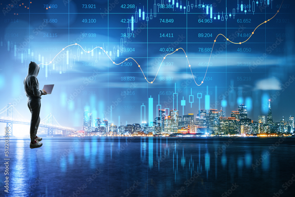 Aufkleber Crypto currency exchange and impersonal transactions concept with person in hoody back view with laptop and growing virtual hologram stock market statistics on night city skyline background