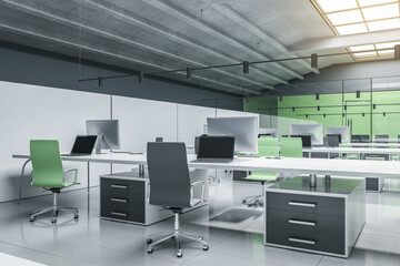 Clean concrete coworking office interior with furniture, equipment, glass partitions and sunlight. Empty workplace concept. 3D Rendering.