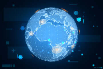 Hologram of globe. A holographic projection of planet earth. Flickering energy particles on blurry abstract dark wallpaper. Science, future and globalization concept. 3D Rendering.