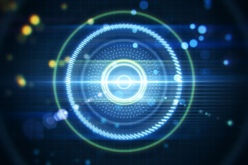 Creative blurry dark lens or round interface background with grid and blurry bokeh circles. Space, sci fi and flare concept. 3D Rendering.