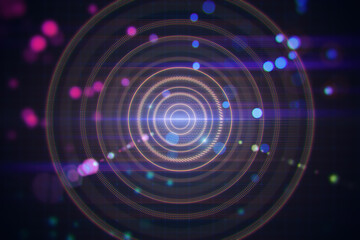 Abstract blurry dark lens or round interface texture with grid and blurry bokeh circles. Space, sci fi and flare concept. 3D Rendering.