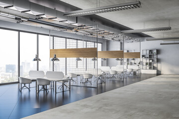 Perspective view on white furniture workplaces divided by lattice partitions in spacious loft style coworking office with city view from panoramic window and concrete floor. 3D rendering