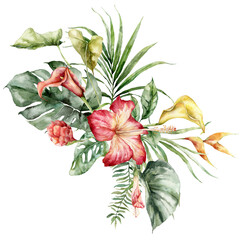 Watercolor tropical flowers bouquet of hibiscus, calla, etlingera and heliconia. Hand painted floral poster isolated on white background. Holiday Illustration for design, print, fabric or background.