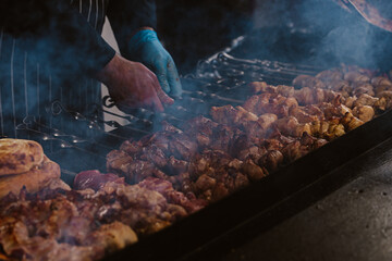 Cooking shish kebab on skewers. Meat, vegetables and bread rolls baked on coals.A male chef roasts...