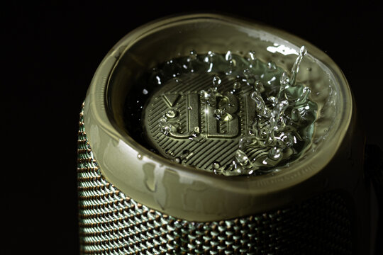 Ukraine, Ternopil, June 21, 2022. close-up logo of JBL on the column. Water drops.