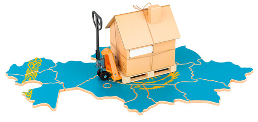 Residential moving service in Kazakhstan, concept. Hydraulic hand pallet truck with cardboard house parcel on Kazakh map, 3D rendering - obrazy, fototapety, plakaty