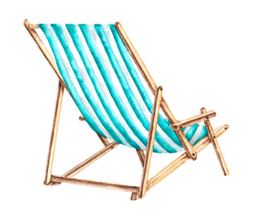 Sun lounger watercolor illustration. Striped sun lounger. Blue, white, turquoise colors. Beach vacation, sea, vacation. Illustration isolated. For print and electronic media.