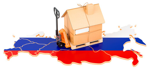 Residential moving service in Russia, concept. Hydraulic hand pallet truck with cardboard house parcel on Russian map, 3D rendering