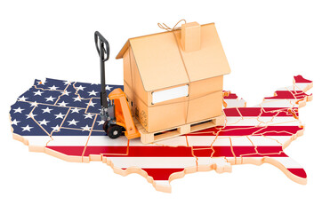 Residential moving service in the USA, concept. Hydraulic hand pallet truck with cardboard house parcel on the United States map, 3D rendering