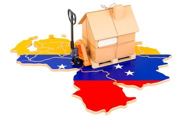 Residential moving service in Venezuela, concept. Hydraulic hand pallet truck with cardboard house parcel on Venezuelan map, 3D rendering