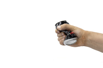 Male hand squeezes an empty aluminum can for recycling