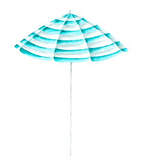 Beach umbrella watercolor illustration. Striped beach umbrella. Sea, beach, summer, tan, vacation, resort. White and blue colors. Illustration isolated. For print and electronic media.