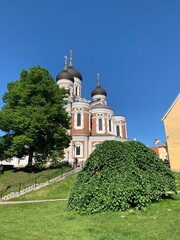 Fototapeta na wymiar Urban park and cathedral in Tallinn, Estonia 