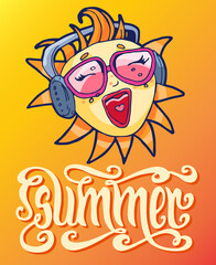 Summer vector illustration. Singing cheerful sun wearing sunglasses and earphones.