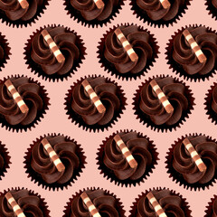 Chocolate cakes muffins on a pink background  View above seamless  View above seamless