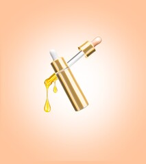 Stretched oily drops On Gold Glass bottle with pipette on beige background. Skin care product ad, luxury beauty cosmetics with Shining substance essence droplet. Beauty treatment nutrition skin care