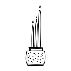 Burning candle in candlestick. Hand-drawn vector illustration in doodle style