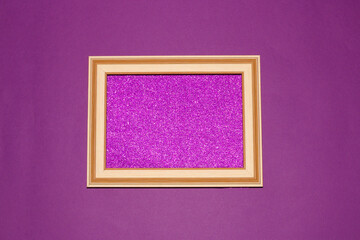 retro frame with glitter purple copy space background, around frame purple background, creative art design