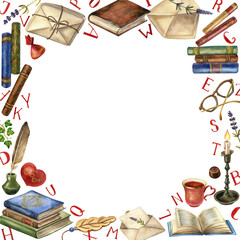Square frame , template for a postcard. Consists of watercolor illustrations of books, writing instruments, letters.