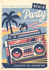 Naklejka premium Cassette recorder graphic. Retro summer beach party poster with cassette player and palm trees. Sound and music vector invitation.
