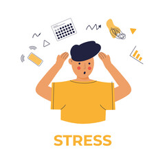 Vector illustration with cartoon character in flat style. Stress and life balance