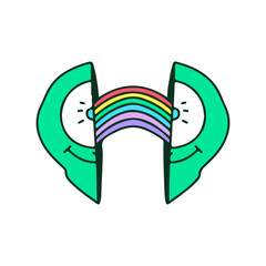 Two half of one eye alien head with rainbow inside, illustration for t-shirt, street wear, sticker, or apparel merchandise. With doodle, retro, and cartoon style.