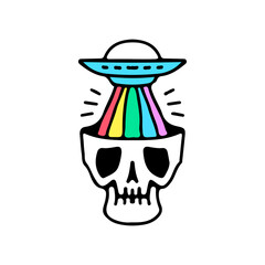 Skull head, UFO, and rainbow, illustration for t-shirt, street wear, sticker, or apparel merchandise. With doodle, retro, and cartoon style.