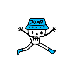 Fototapeta premium Trendy skull with bucket hat doing parkour jump, illustration for t-shirt, street wear, sticker, or apparel merchandise. With doodle, retro, and cartoon style.
