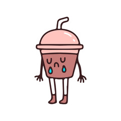 Sad ice chocolate drink mascot character, illustration for t-shirt, street wear, sticker, or apparel merchandise. With doodle, retro, and cartoon style.