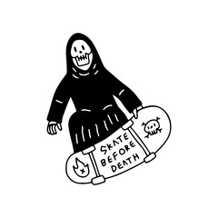 Trendy Grim reaper skull freestyle with skateboard, illustration for t-shirt, street wear, sticker, or apparel merchandise. With doodle, retro, and cartoon style.