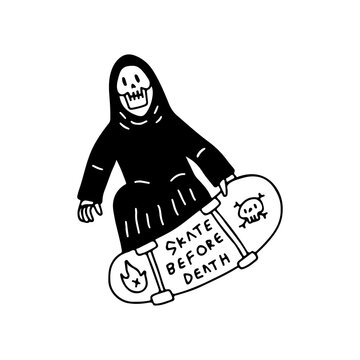 recommend clip art: Trendy Grim reaper skull freestyle with skateboard, illustration for t-shirt, street wear, sticker, or apparel merchandise. With doodle, retro, and cartoon style.